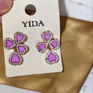 Cute Dark Pink Heart Clover Dangle Earrings Shimmer Feminine